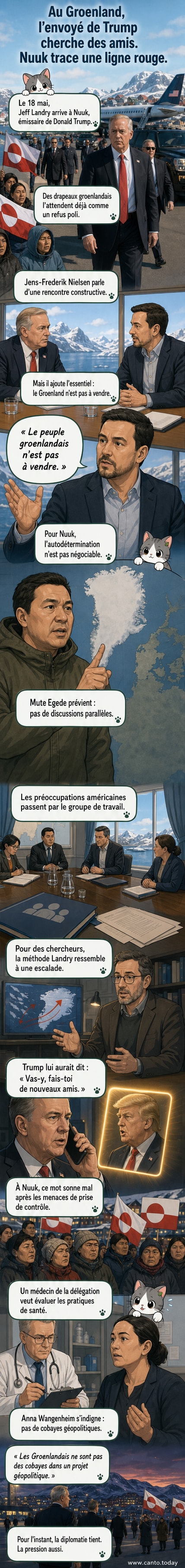 Illustration d’un homme en costume américain accueilli froidement par des représentants groenlandais devant un drapeau, tandis qu’un médecin en blouse observe en retrait.