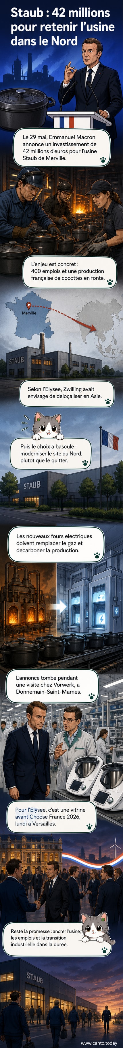Illustration d'une usine moderne avec des fours électriques et des cocottes en fonte, symbole de la relance industrielle française.