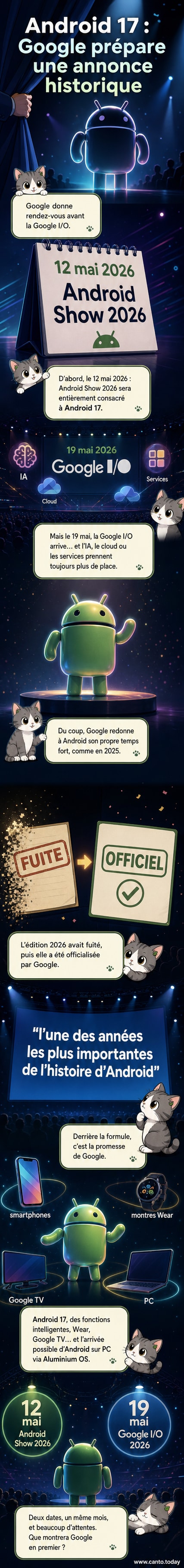 Illustration d'un smartphone et d'une montre connectée affichant le logo Android, entourés d'icônes représentant des mises à jour logicielles et des fonctionnalités intelligentes.