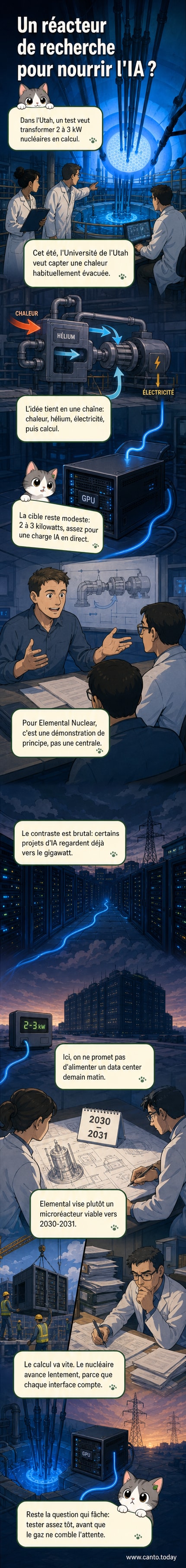 Vue d'artiste d'un petit réacteur nucléaire connecté à un serveur de data center, avec flux d'énergie et calcul IA en arrière-plan.