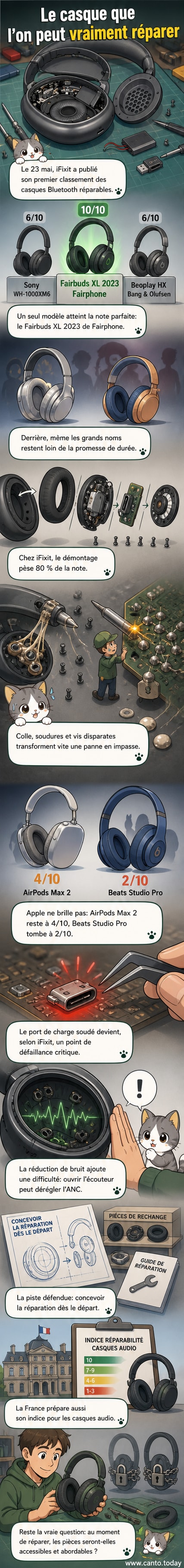 Illustration d’un casque Fairbuds XL ouvert montrant ses composants facilement accessibles, comparé à un casque Apple scellé et complexe à réparer.