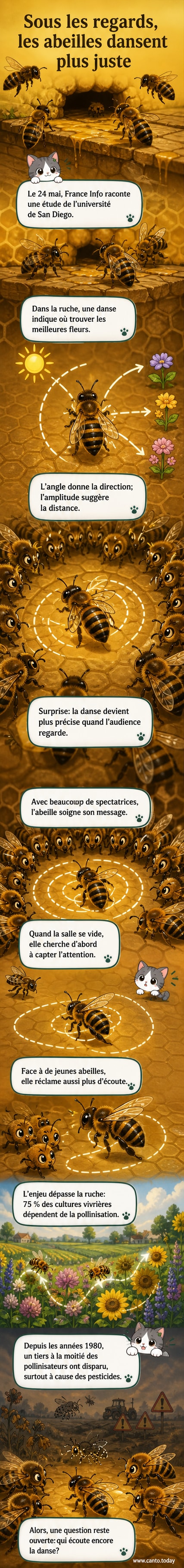 Illustration d'une abeille exécutant sa danse dans la ruche, observée par d'autres abeilles, avec des flèches indiquant direction et distance.