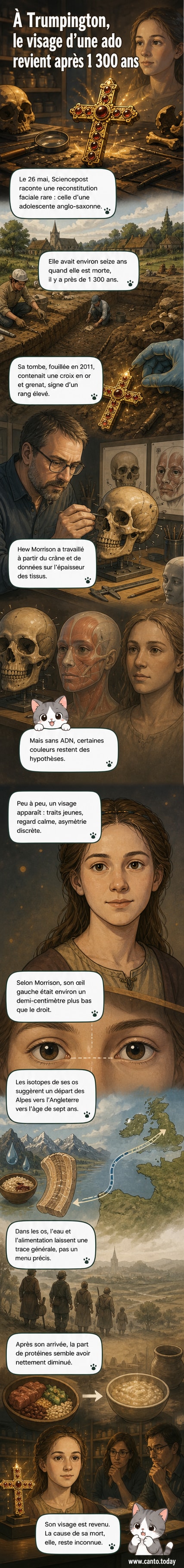 Reconstruction faciale d'une adolescente anglo-saxonne décédée il y a 1 300 ans, montrant ses traits doux, les yeux légèrement asymétriques, accompagnée d'une illustration de sa croix en or et grenat.