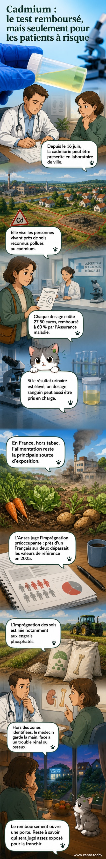 Illustration d’un test urinaire pour détecter le cadmium, avec un fond montrant des sols agricoles et industriels.