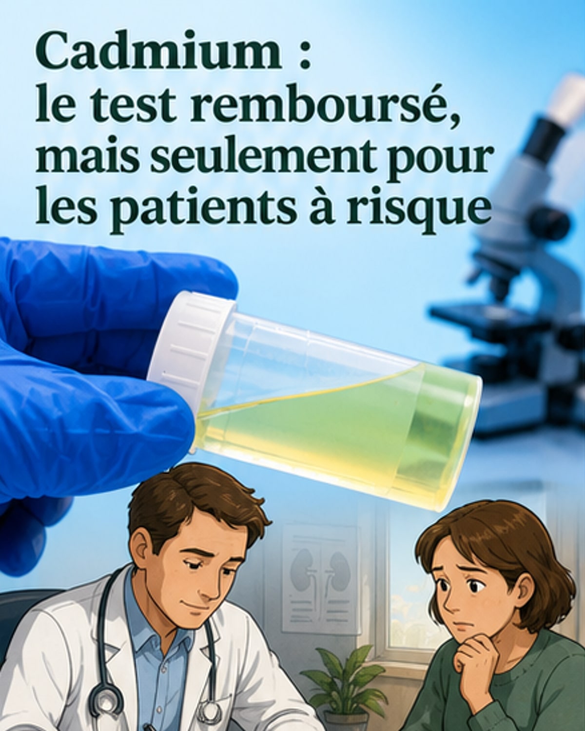 Illustration d’un test urinaire pour détecter le cadmium, avec un fond montrant des sols agricoles et industriels.