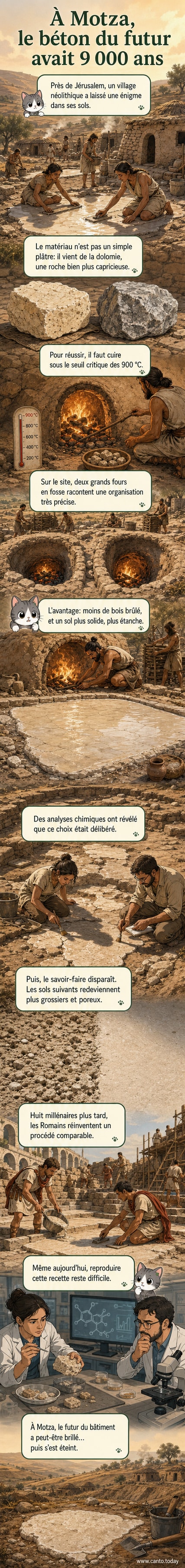 Reconstitution artistique d’un village néolithique à Motza, avec des artisans travaillant des fours et des sols lisses et colorés, entourés de collines arides près de Jérusalem.