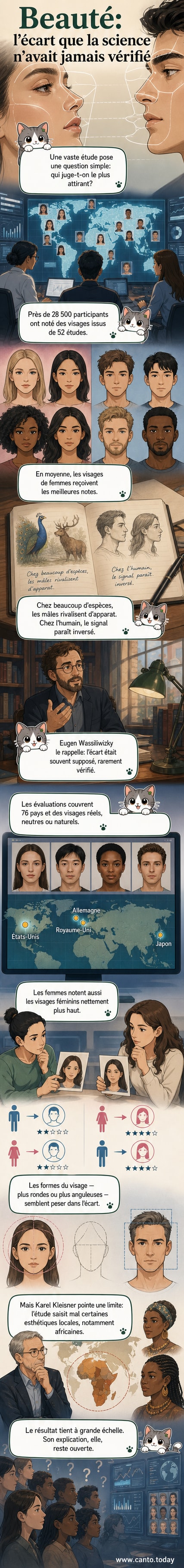 Illustration comparative de visages féminins et masculins stylisés, mettant en évidence des traits plus ronds pour les femmes et plus anguleux pour les hommes, dans un contexte d'étude scientifique sur la perception de la beauté.