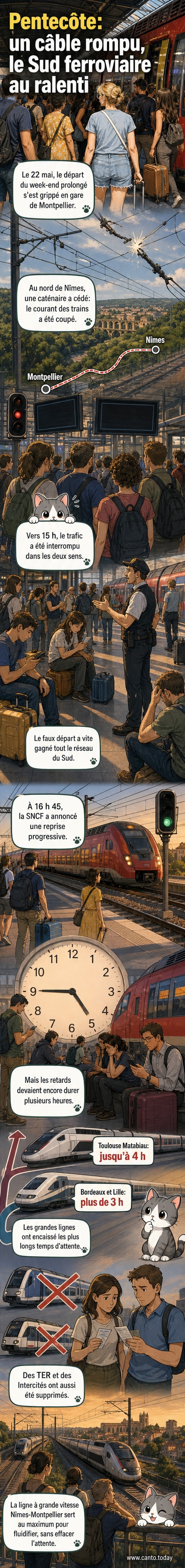 Illustration d’un train à l’arrêt sous un caténaire endommagé, avec des techniciens en arrière-plan et un ciel gris, près de Nîmes.