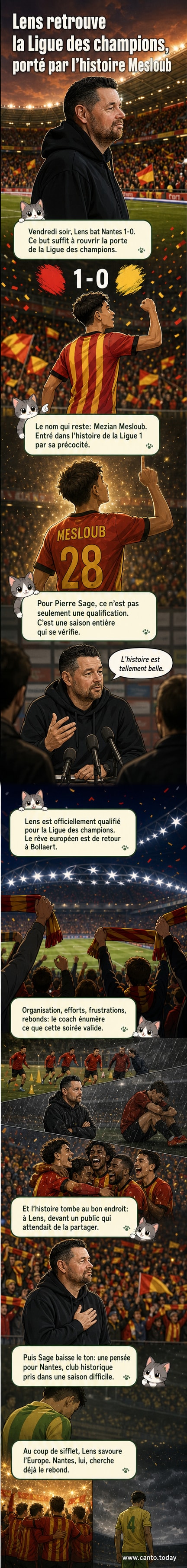 Entraîneur Pierre Sage sur le terrain, entouré de joueurs du RC Lens sous les feux des projecteurs, célébrant la qualification en Ligue des Champions après un but marqué par le jeune Mezian Mesloub.