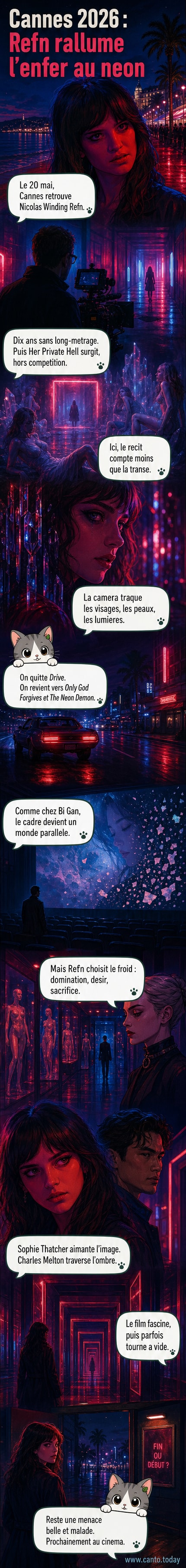Affiche du film Her Private Hell de Nicolas Winding Refn, avec Sophie Thatcher en premier plan, baignée dans une lumière rouge néon, regard perdu, ambiance surréaliste et oppressante.