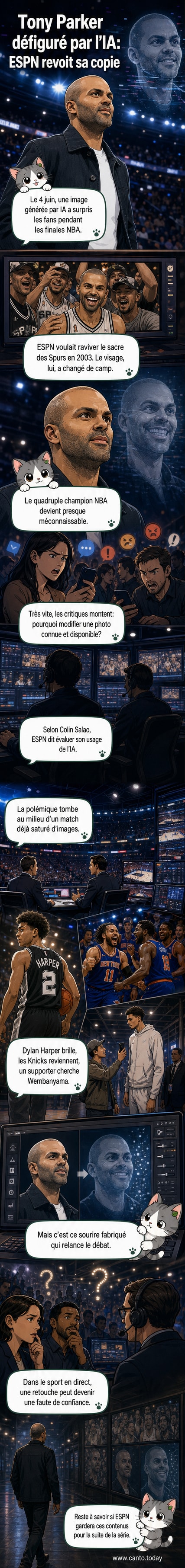 Un écran de télévision montre une image modifiée par IA de Tony Parker avec un visage déformé, entouré de symboles numériques et d'éléments de basket.