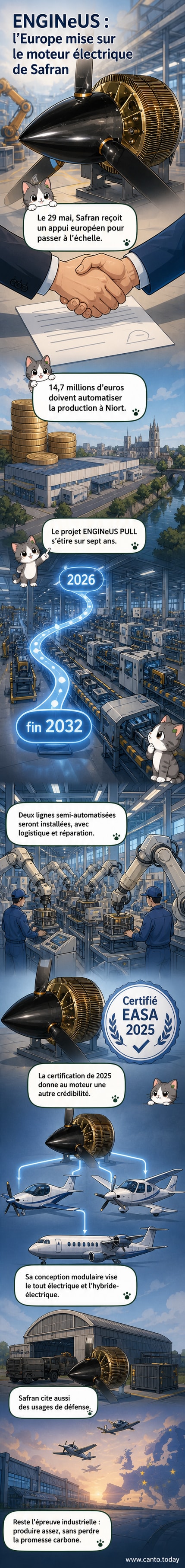 Illustration d'un moteur électrique ENGINeUS de Safran en coupe, entouré d'icônes représentant l'automatisation, l'aéronautique et la transition énergétique.