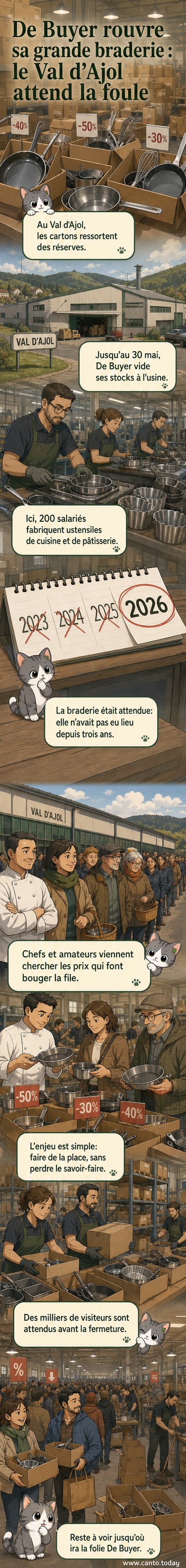 File d'attente devant l'usine De Buyer lors de la vente de déstockage, avec des visiteurs portant des sacs d'ustensiles de cuisine.