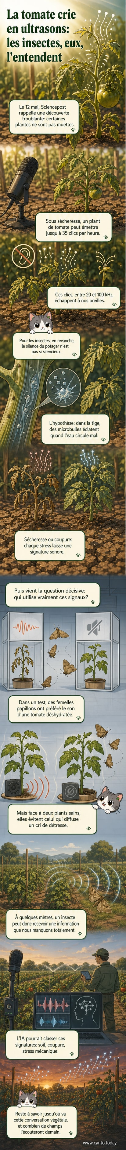 Une tomate coupée émettant des ondes sonores invisibles, perçues par des insectes en arrière-plan.