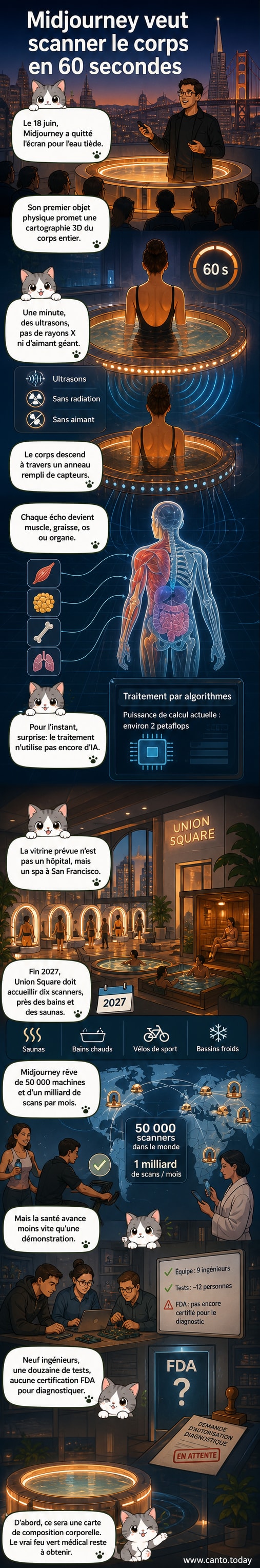 Représentation visuelle d'une personne immergée dans un bassin d'eau tiède à l'intérieur d'un anneau de capteurs ultrasonores, avec une image 3D du corps humain en surimpression.