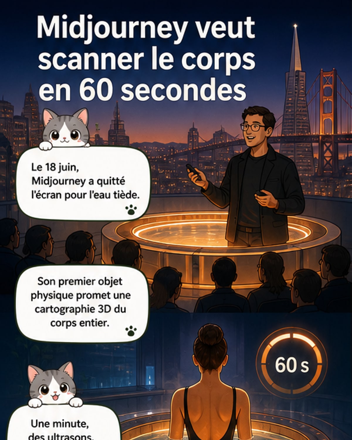 Représentation visuelle d'une personne immergée dans un bassin d'eau tiède à l'intérieur d'un anneau de capteurs ultrasonores, avec une image 3D du corps humain en surimpression.