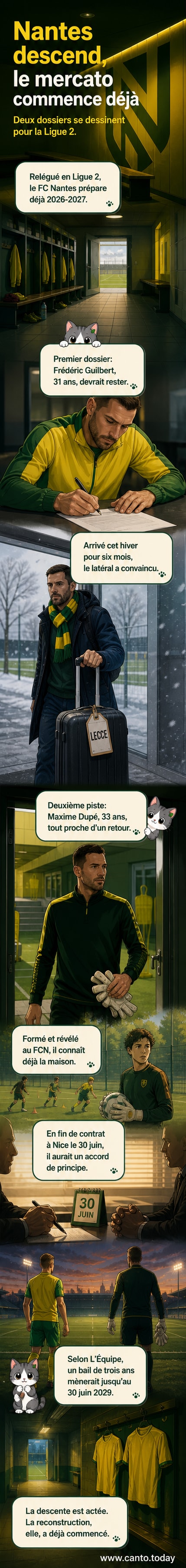 Illustration stylisée de deux joueurs du FC Nantes en tenue d'entraînement, entourés d'éléments de mercato comme des contrats et des dates, avec l'emblème du club en arrière-plan.