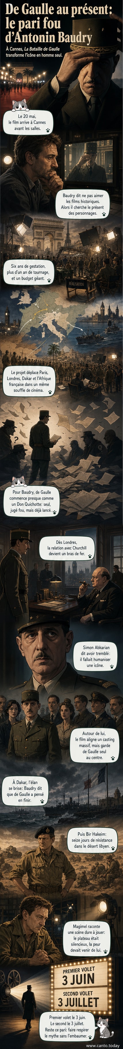 Simon Abkarian en uniforme, incarnant Charles de Gaulle, sur fond de décor de guerre, regard déterminé, extrait du film "La Bataille de Gaulle".