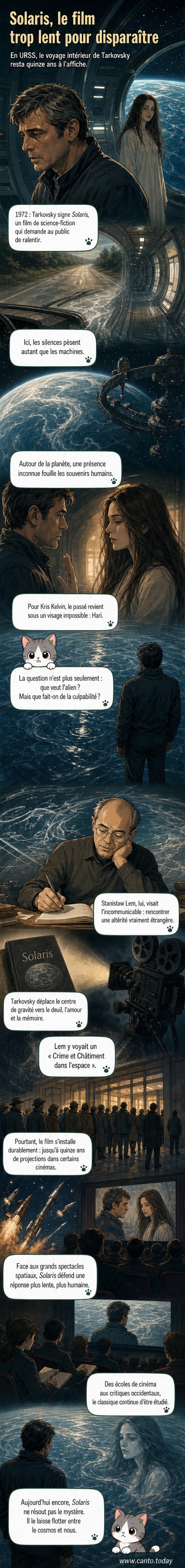 Affiche noire et bleue du film Solaris avec une planète océan et une silhouette floue, évoquant une atmosphère mystérieuse et contemplative.