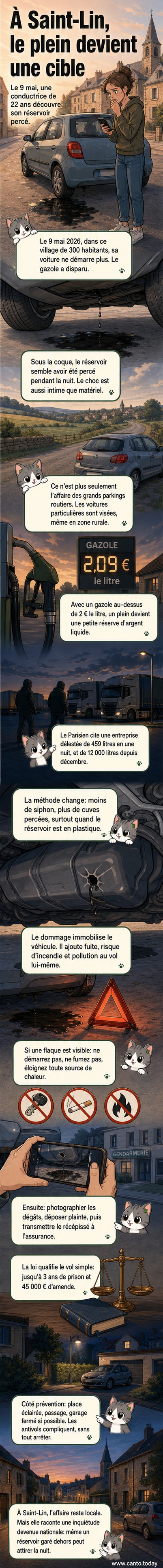 Illustration d'une voiture avec un réservoir percé, du carburant s'écoulant au sol, dans un village français de nuit.