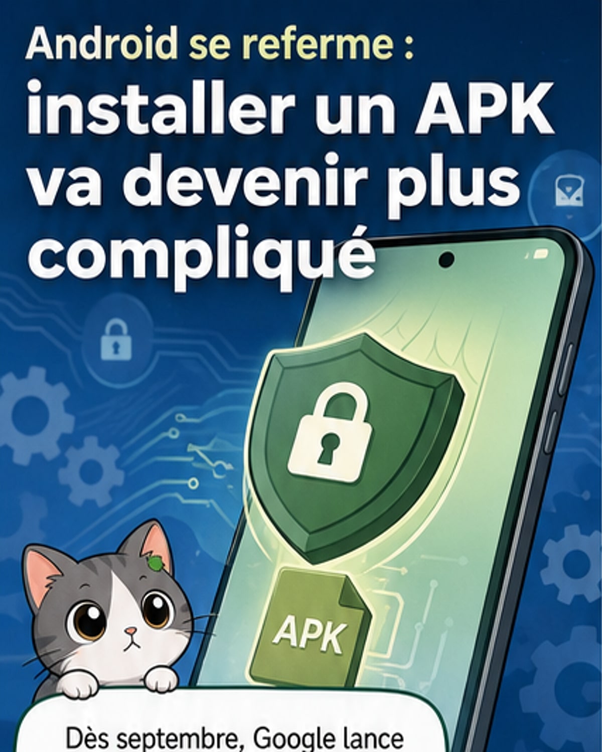 Illustration d'un smartphone Android avec un cadenas bloquant l'installation d'une application tierce, entouré d'icônes de sécurité et d'avertissements.