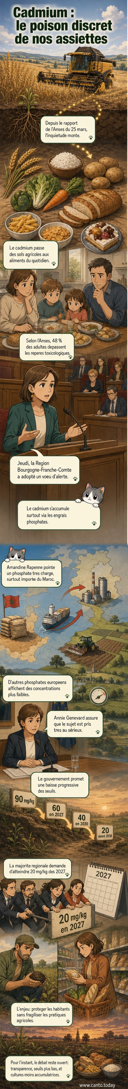 Illustration d’un champ de blé avec des racines plongeant dans un sol contaminé par le cadmium, et un panneau d’alerte sanitaire en arrière-plan.