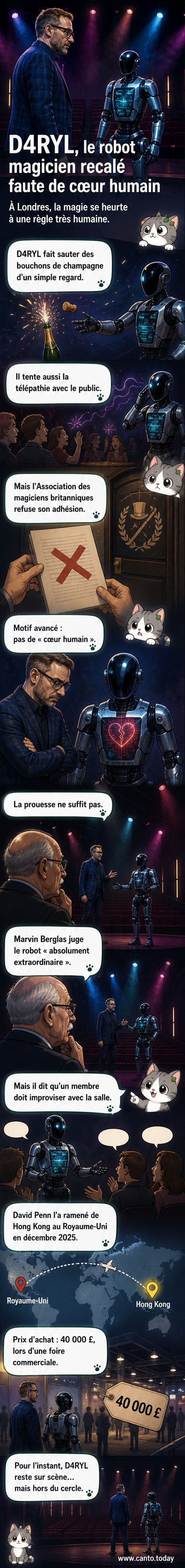 Représentation stylisée d'un robot humanoïde en tenue de magicien sur scène, refusé par un badge d'entrée barré, symbolisant l'exclusion humaine malgré la technologie avancée.
