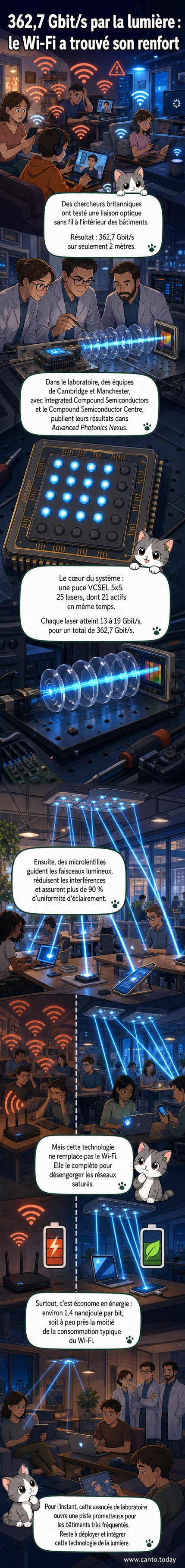 Illustration d'une pièce intérieure où des faisceaux lumineux transmettent des données à très haute vitesse entre une puce équipée de lasers et un appareil, remplaçant visuellement un routeur Wi-Fi traditionnel.