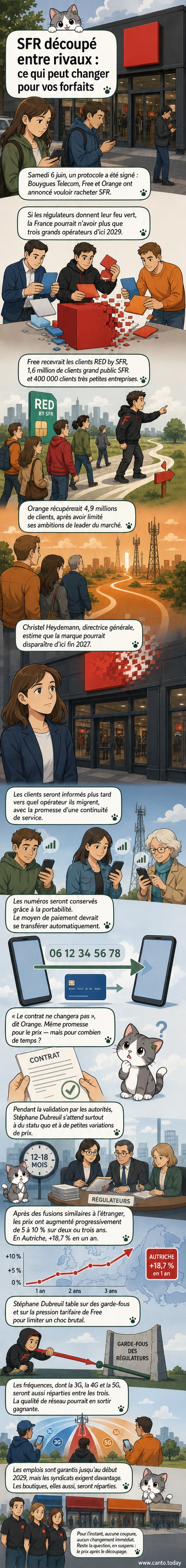 Illustration d’un téléphone portable avec les logos d’Orange, Free et Bouygues Telecom qui absorbent le logo SFR en arrière-plan.