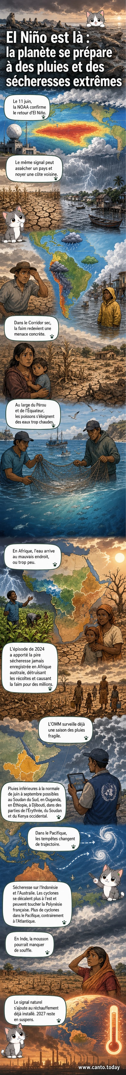 Carte mondiale illustrant les impacts régionaux d'El Niño 2026 : sécheresses en Amérique centrale et Afrique australe, pluies excessives en Amérique du Sud et Corne de l'Afrique, cyclones dans le Pacifique.