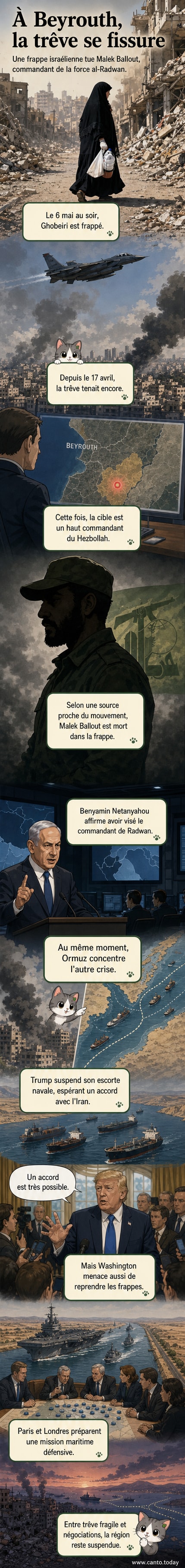 Carte du détroit d’Ormuz avec des navires militaires et des flèches indiquant les tensions entre l’Iran, les États-Unis et les pays du Golfe.