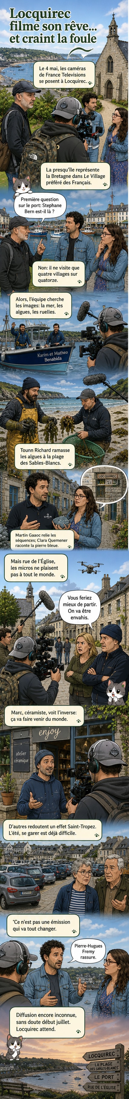 Une équipe de tournage filme dans les rues pittoresques de Locquirec, un village breton en bord de mer, tandis que des habitants observent la scène.