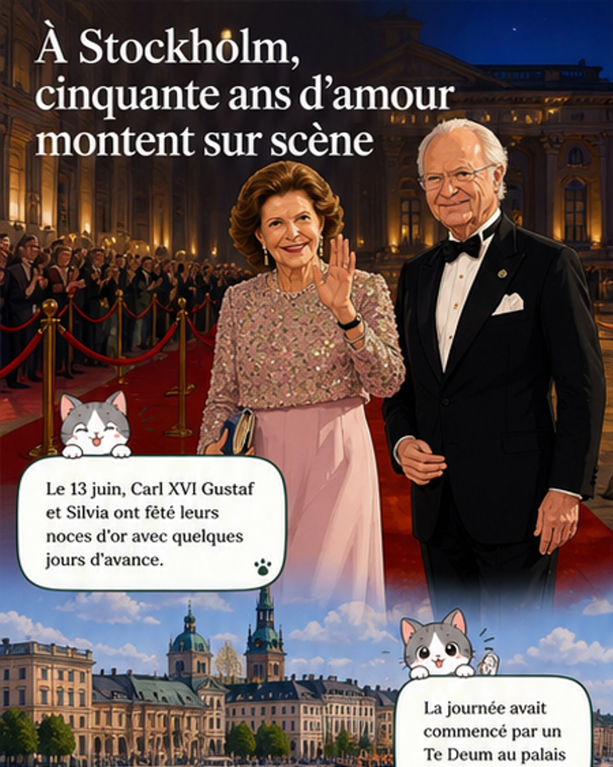 Le roi Carl XVI Gustaf et la reine Silvia de Suède sourient depuis leur loge à l’Opéra royal lors d’un concert de gala pour leurs noces d’or, entourés de leur famille.