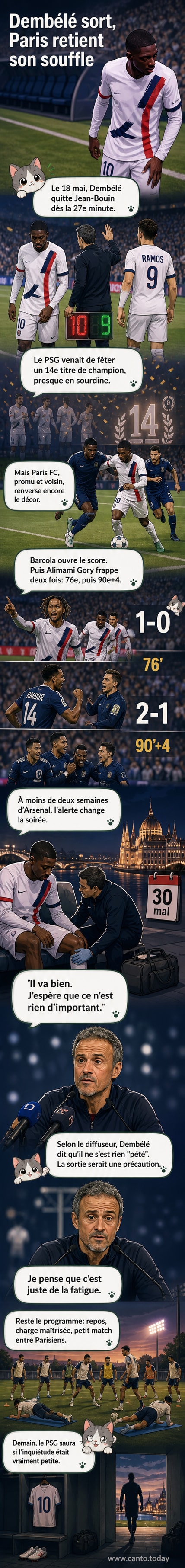 Illustration d'Ousmane Dembélé quittant le terrain en boitant légèrement, entouré de son entraîneur et d'un kiné, sous un stade vide et une ambiance tendue.