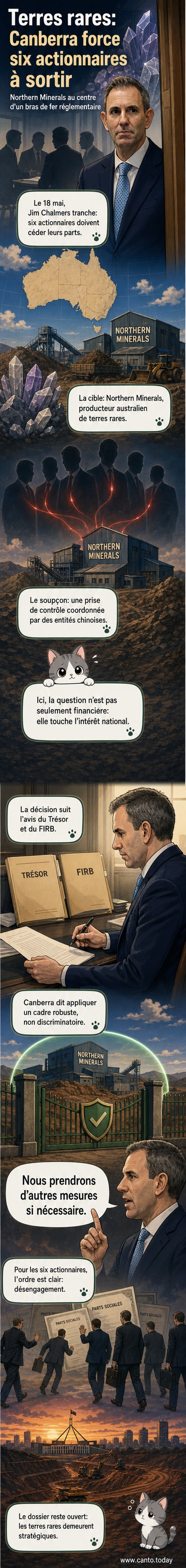 Illustration d'un drapeau australien et d'un symbole de minerai avec une main bloquant une transaction financière, représentant l'intervention du gouvernement australien contre un investissement étranger dans Northern Minerals.