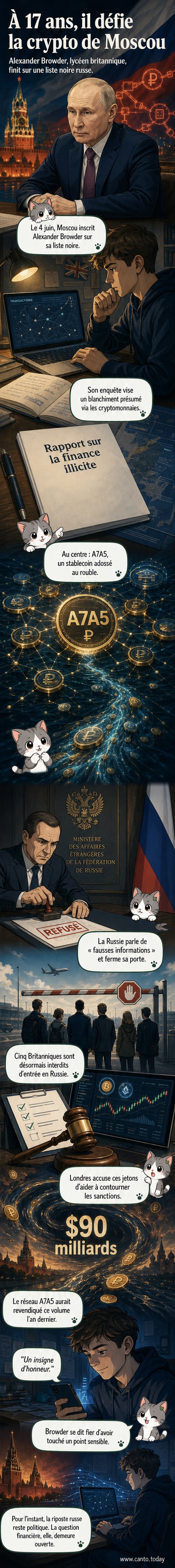 Illustration d’un adolescent devant un écran d’ordinateur affichant des graphiques de cryptomonnaies, avec un drapeau russe en arrière-plan et un message de sanction apparaissant à l’écran.