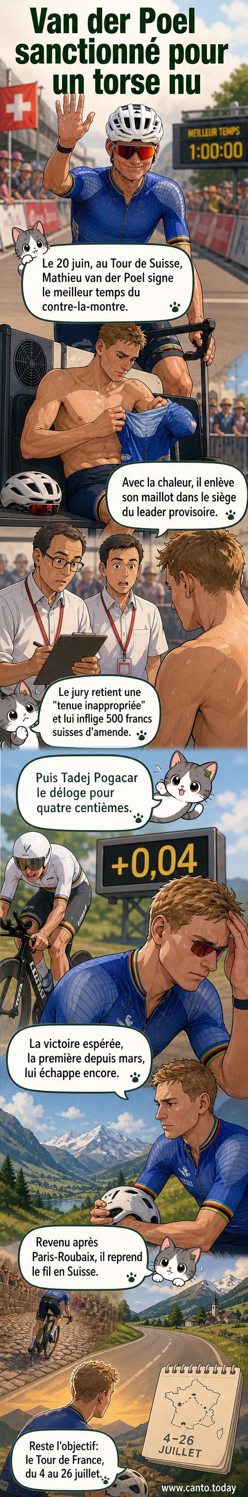 Illustration d'un Mathieu van der Poel torse nu sur le siège d'attente du Tour de Suisse, un commissaire lui tendant une amende.