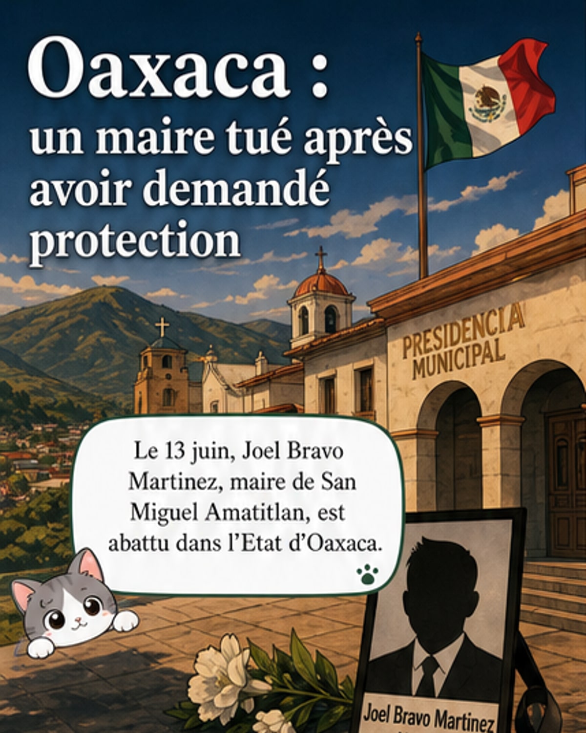 Illustration d’un maire mexicain entouré de symboles de sécurité et de menaces, avec un portrait en médaillon et le drapeau du Mexique en arrière-plan.