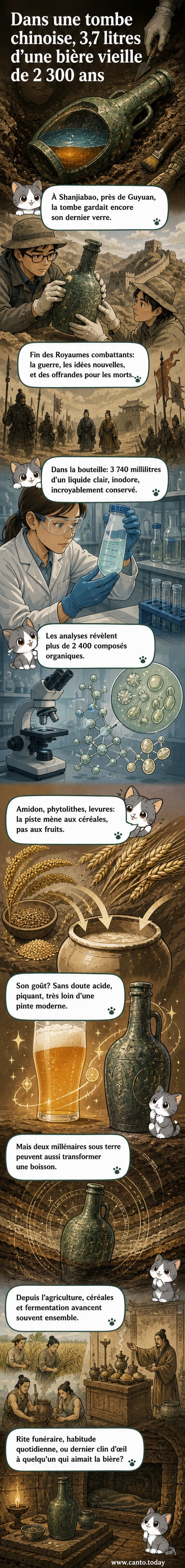 Reconstitution d'une bouteille en bronze ancienne contenant un liquide légèrement teinté, posée sur un fond rocheux, entourée d'outils archéologiques et de fragments de céramique.