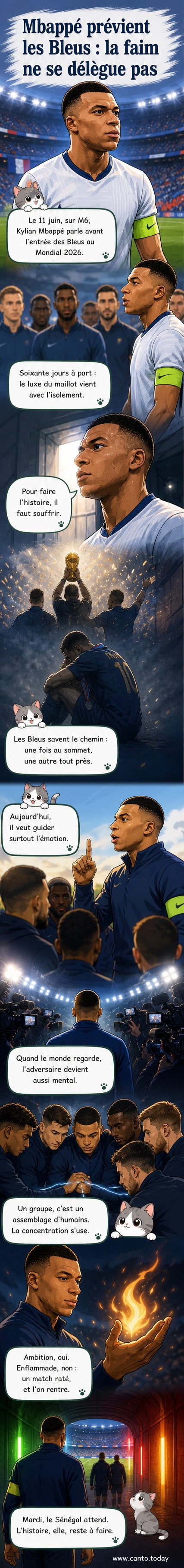 Illustration de Kylian Mbappé parlant sérieusement à ses coéquipiers dans un vestiaire, avec un globe terrestre stylisé en arrière-plan symbolisant la Coupe du Monde.