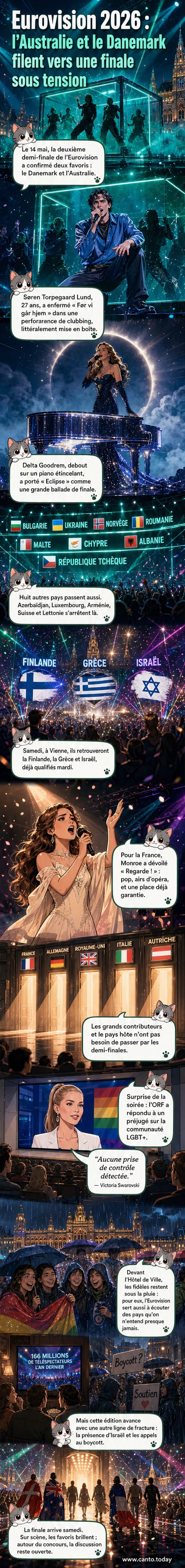 Scène illuminée d'Eurovision 2026 à Vienne, avec Delta Goodrem interprétant sa chanson sur un piano brillant, entourée de lumières et de fumée.