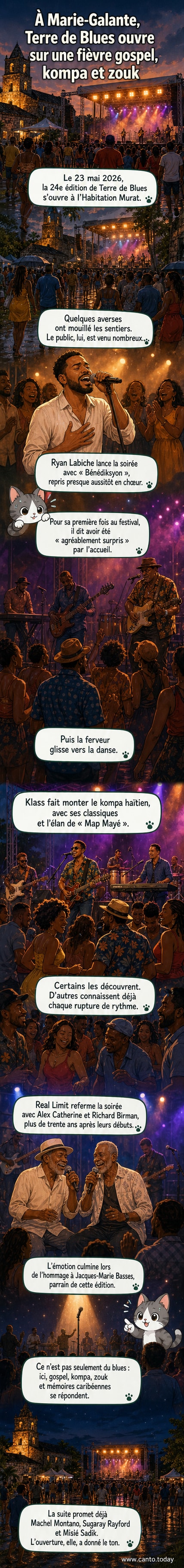 Scène nocturne du Festival Terre de Blues 2026 à Marie-Galante, avec des spectateurs sous une légère pluie, entourant la scène où se produit un artiste en lumière dorée.