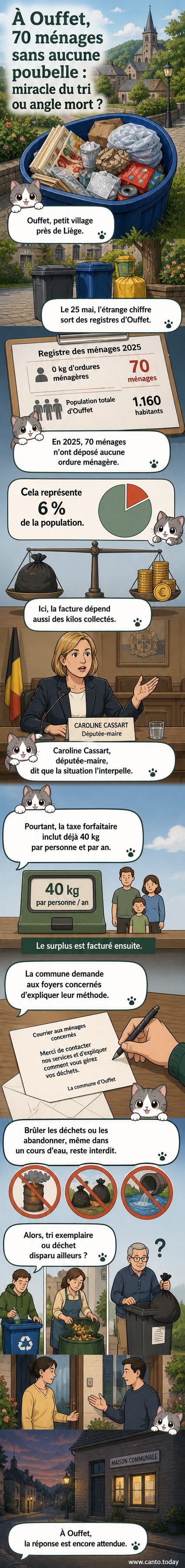Illustration d’un village belge avec des maisons sans poubelles devant, entourées de forêts et de collines, sous un ciel clair.