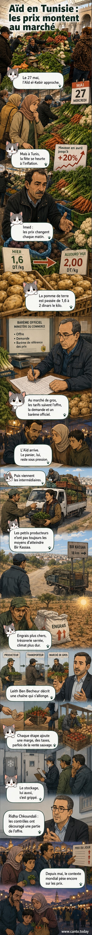 Marché de gros à Tunis, avec des étals de légumes sous une lumière vive, des vendeurs en discussion, et une pancarte indiquant des prix en dinars tunisiens.