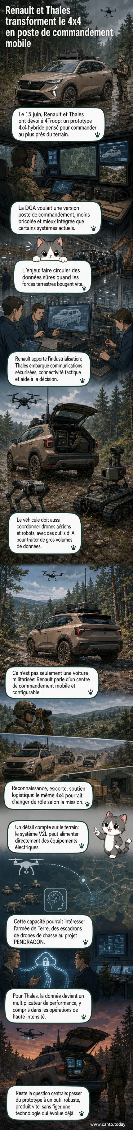 Prototype du véhicule 4Troop, un 4x4 hybride conçu par Renault et Thales comme poste de commandement mobile, équipé de capteurs et antennes de communication.