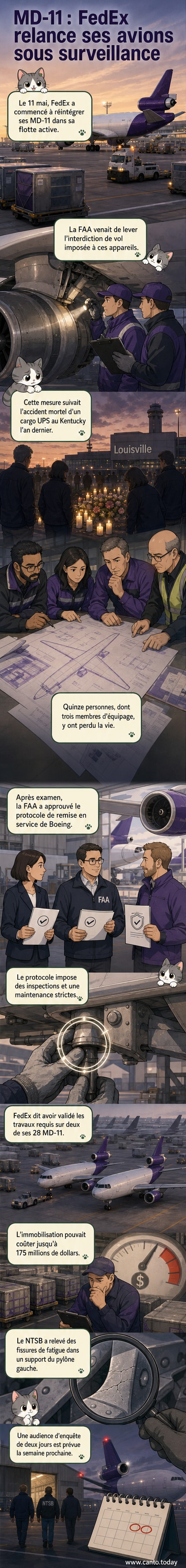 Un avion cargo FedEx MD-11 sur une piste d'atterrissage, entouré d'équipes techniques en train de procéder à des vérifications.