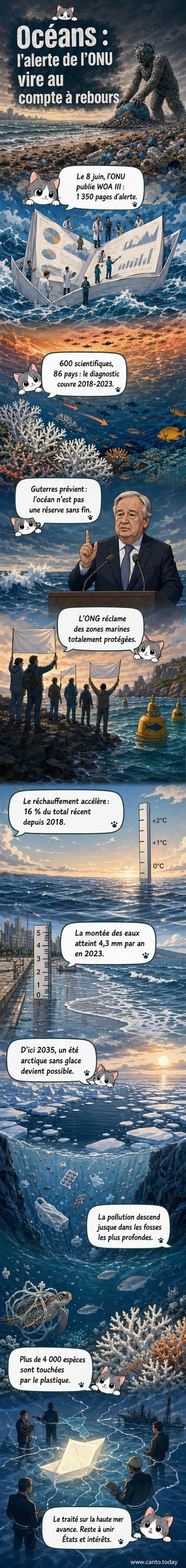 Illustration d'un océan partagé entre une surface ensoleillée et une profondeur sombre, avec des poissons migrateurs, des déchets plastiques flottants et une couche de glace arctique en recul.