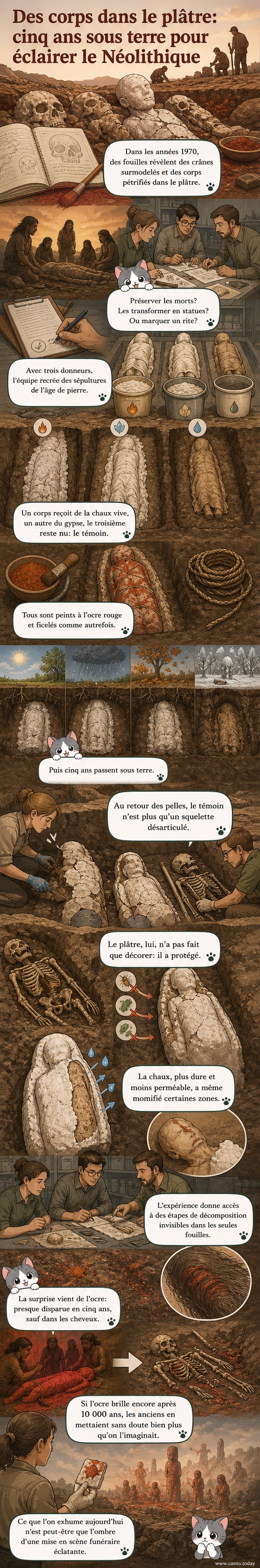 Illustration d'une excavation archéologique montrant un corps recouvert de plâtre et de pigments rouges, entouré d'outils scientifiques.