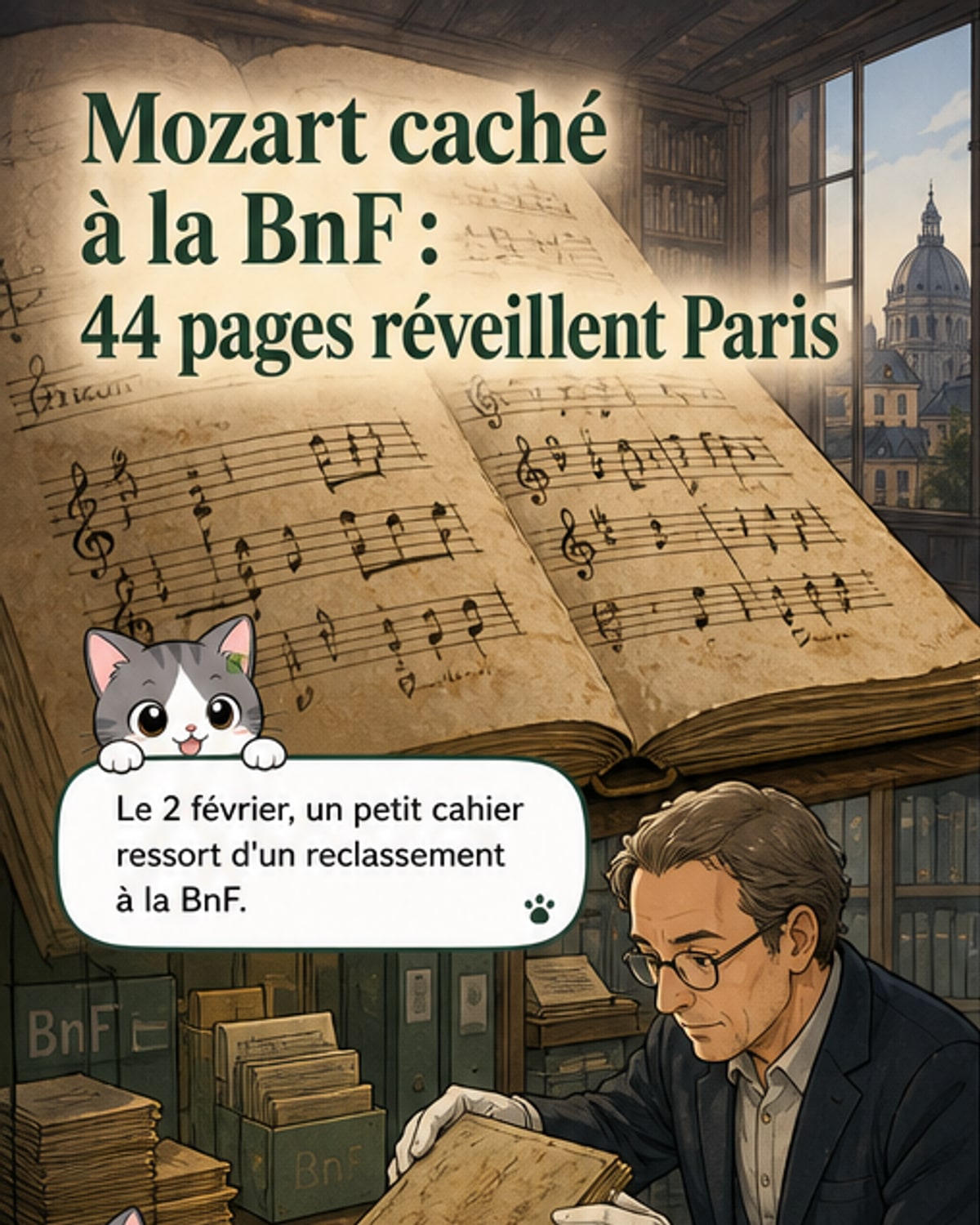Illustration d'un ancien cahier ouvert avec des partitions manuscrites de Mozart, posé sur une table de bibliothèque ancienne, entouré de livres anciens et d'une plume.