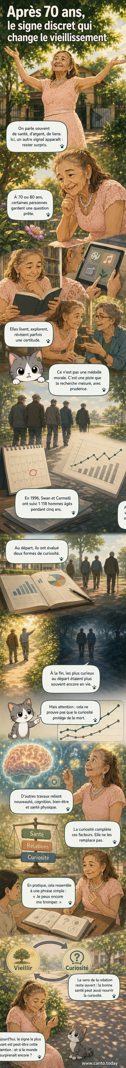 Illustration d'une personne âgée observant une fleur avec émerveillement, entourée de symboles de cerveau actif, de livres ouverts et de petites découvertes du quotidien.